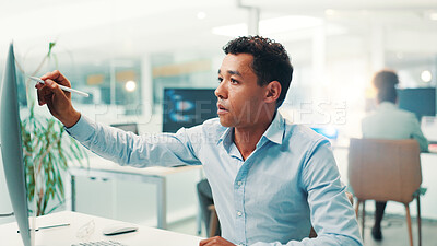 Buy stock photo Computer, stylus and man in office with programming for web development, update or system upgrade. Network, coding and person with pen, planning and online research for UX design at digital agency