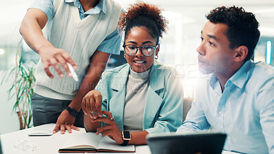Buy stock photo Feedback, people and programmer in office with tablet, learning update and internship at computer. Coding training, group and lead engineer in workshop with new recruits, explain software or business