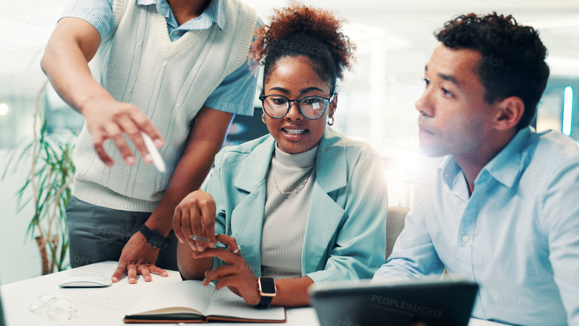 Buy stock photo Feedback, people and programmer in office with tablet, learning update and internship at computer. Coding training, group and lead engineer in workshop with new recruits, explain software or business