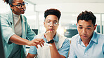 Business, people and programmer in office with mentor, learning update and internship at computer. Coding training, group and lead engineer in workshop with new recruits, explain software and advice
