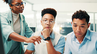 Buy stock photo Business, people and programmer in office with mentor, learning update and internship at computer. Coding training, group and lead engineer in workshop with new recruits, explain software and advice