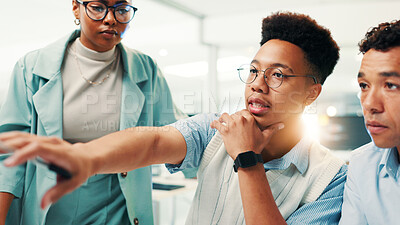 Buy stock photo Pointing, group and collaboration for colleagues, office or discussion for project in marketing agency. Brainstorming, teamwork and people with ideas for strategy, men or woman with plan for business