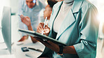 Tablet, pen and hands of woman in office with notes for web development, ai update or software upgrade. Network, coding and programmer on digital app with stylus, writing and ux design at tech agency