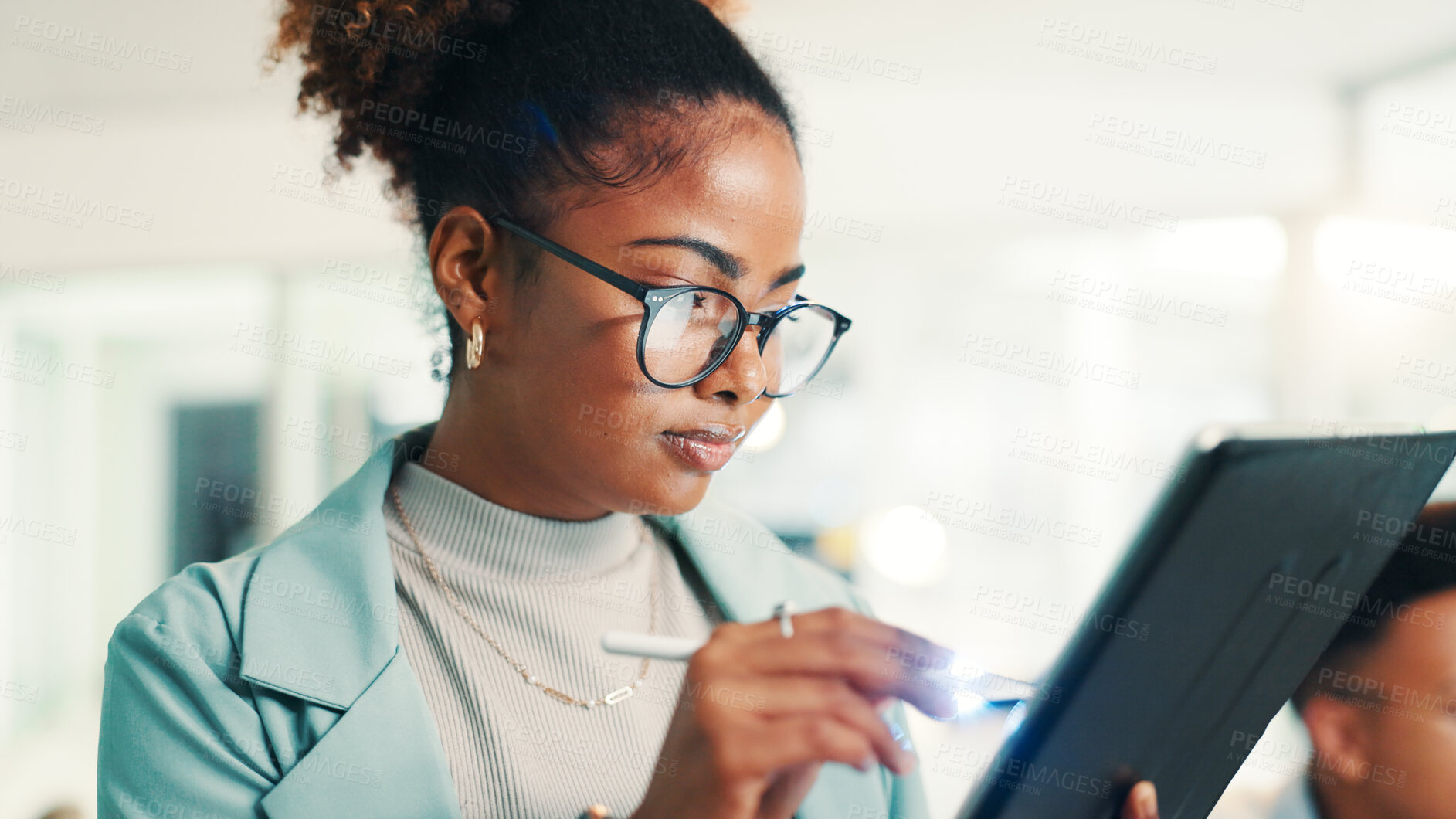 Buy stock photo Programmer, woman and writing with tablet in office for coding, software update and web development. Programming, employee and testing digital app with stylus for database integration and debugging