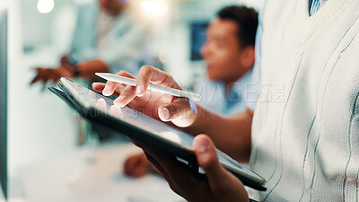 Buy stock photo Tablet, pen and hands of man in office with notes for web development, ai update or online project. Network, coding and programmer on digital app with stylus, writing and ux design at tech agency.