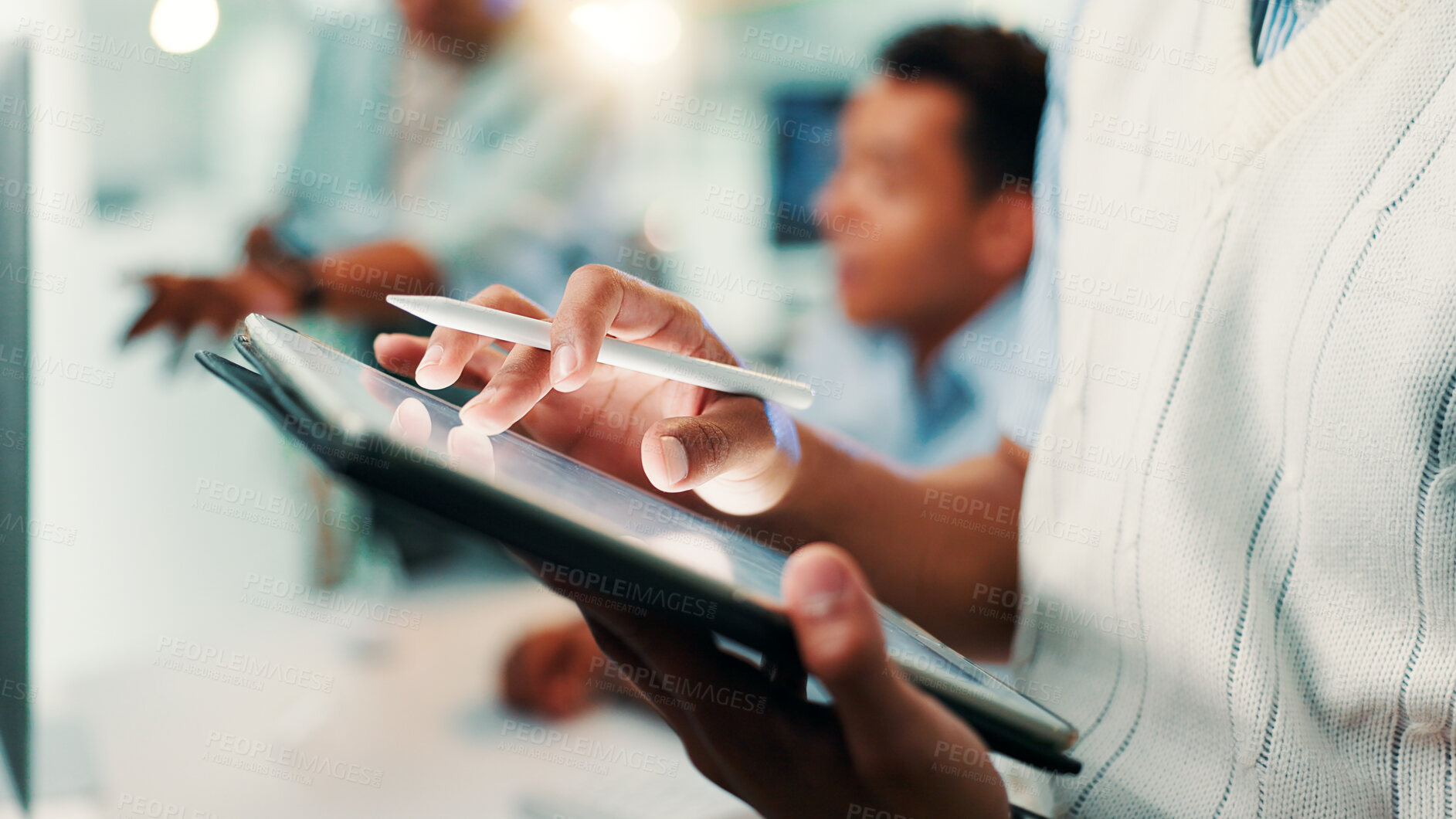 Buy stock photo Tablet, pen and hands of man in office with notes for web development, ai update or online project. Network, coding and programmer on digital app with stylus, writing and ux design at tech agency.
