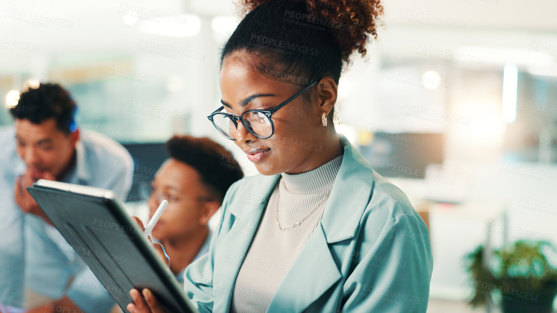 Buy stock photo Programmer, woman and happy with tablet in office for writing code, web development and system maintenance. Programming, person and testing app with stylus for database troubleshooting and debugging