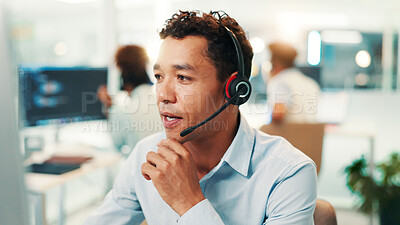 Buy stock photo Headset, man and technical support agent in office for communication, contact us or networking. Technology, crm and male call center consultant with online consultation for helpdesk in workplace.
