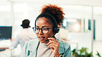 Headset, woman and technical support agent in office for communication, contact us or networking. Technology, crm and female call center consultant with online consultation for helpdesk in workplace.