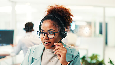 Buy stock photo Headset, woman and technical support agent in office for communication, contact us or networking. Technology, crm and female call center consultant with online consultation for helpdesk in workplace.