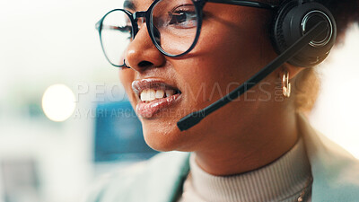 Buy stock photo Headset, woman and technical support consultant in office for communication, contact us or networking. Technology, CRM or female call center agent with online consultation for help desk in workplace.