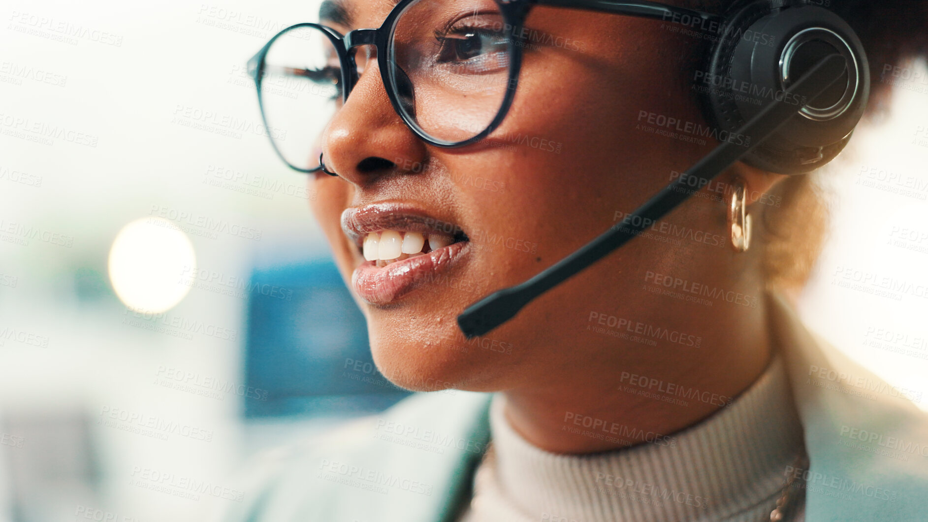 Buy stock photo Headset, woman and technical support consultant in office for communication, contact us or networking. Technology, CRM or female call center agent with online consultation for help desk in workplace.