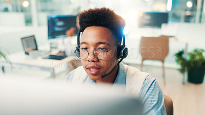 Buy stock photo Headset, man and call center consultant in office for communication, contact us or networking. Technology, CRM and male technical support agent with online consultation for helpdesk in workplace.