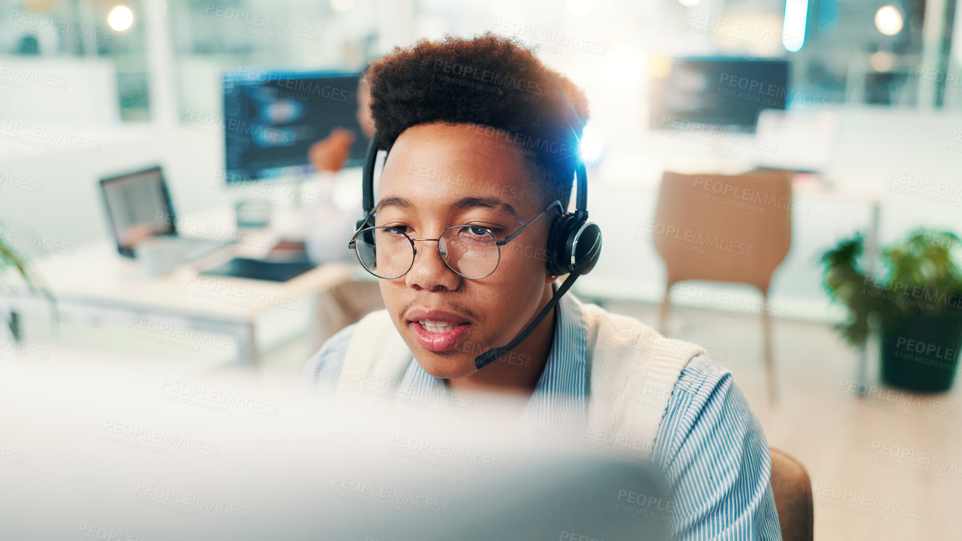 Buy stock photo Headset, man and call center consultant in office for communication, contact us or networking. Technology, CRM and male technical support agent with online consultation for helpdesk in workplace.