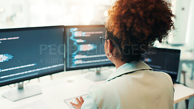 Buy stock photo Programmer, woman and computer screen with typing in office for writing code, app development and debugging. Back, programming and employee with data analytics for software testing and system update