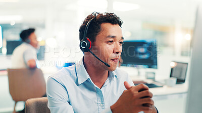 Buy stock photo Headset, man and call center agent in office for communication, contact us or networking. Technology, crm and male technical support consultant with online consultation for helpdesk in workplace.