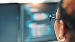 Programmer, woman and computer screen in office for writing code, web development or server update. Space, programming and employee with data analytics for software database, app debugging or testing