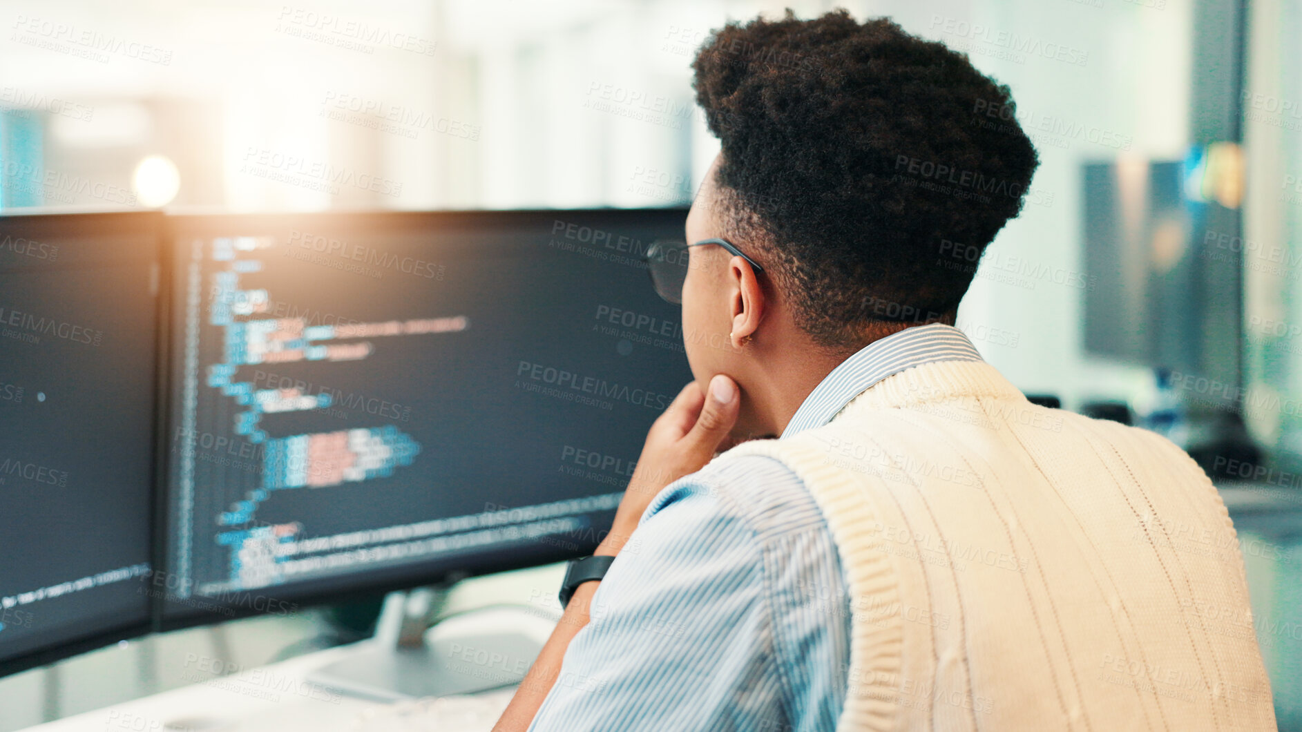 Buy stock photo Coding, man and computer screen with thinking in office for programming solution, app development and debugging. Back, coder and data analytics for software testing, system update and problem solving