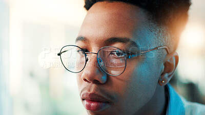 Buy stock photo Reflection, glasses and code with business man cyber security, network domain and programmer analyst. Server encryption, tech startup and software review with person in IT firm for VPN system