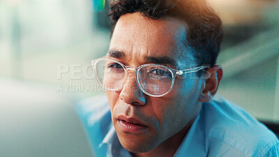 Buy stock photo Computer, glasses and developer with business man cyber security, network domain and programmer. Server encryption, tech startup and problem solving with person reading in IT firm for VPN system