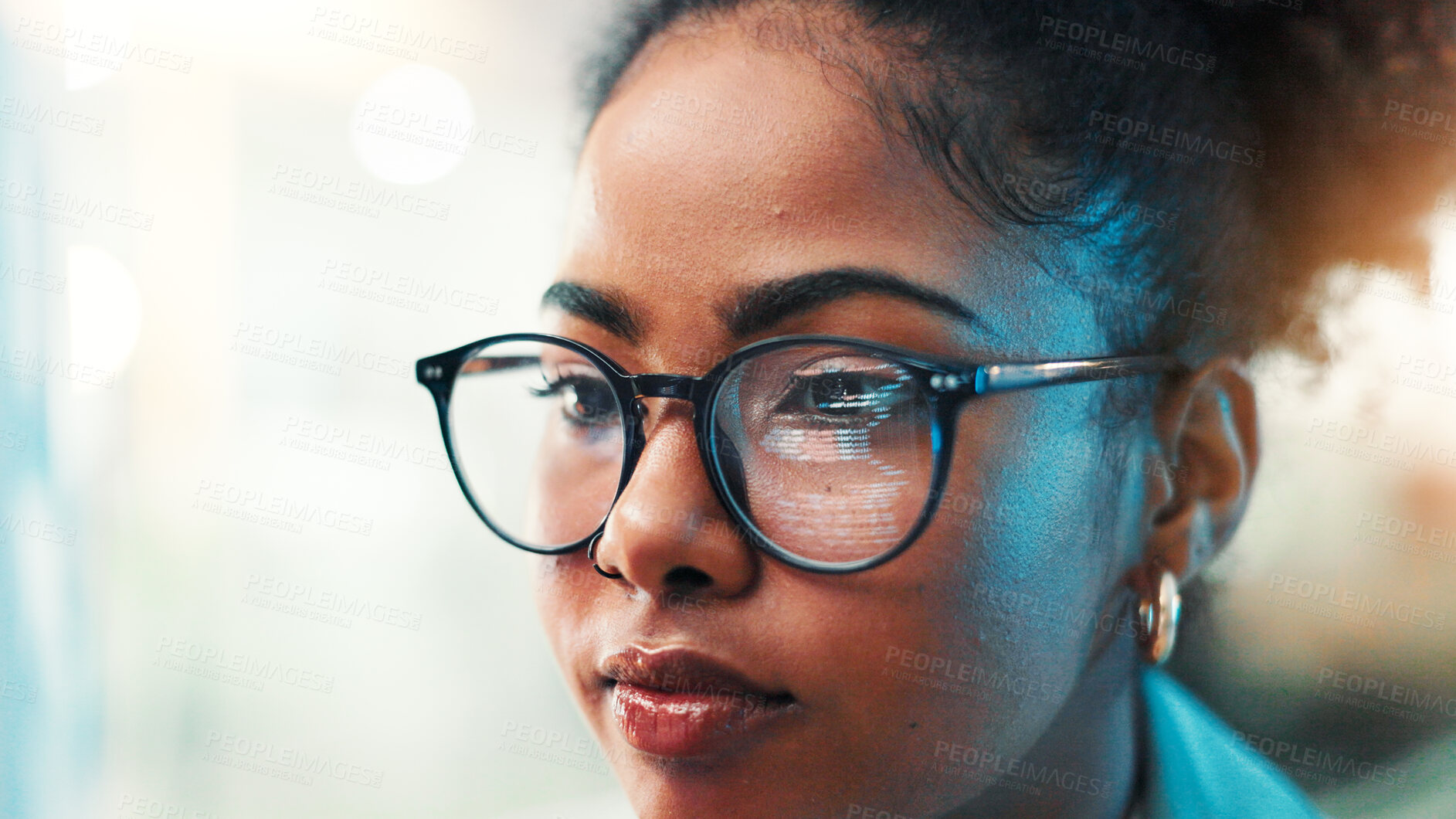 Buy stock photo Online, glasses and developer with business woman for cyber security, network domain and programming analyst. Server encryption, tech startup and software review with person in IT firm for VPN system