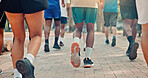 Running, marathon and shoes of people in park for workout, race challenge and fitness. Training, speed competition and exercise with closeup of runners feet on ground for performance and sports