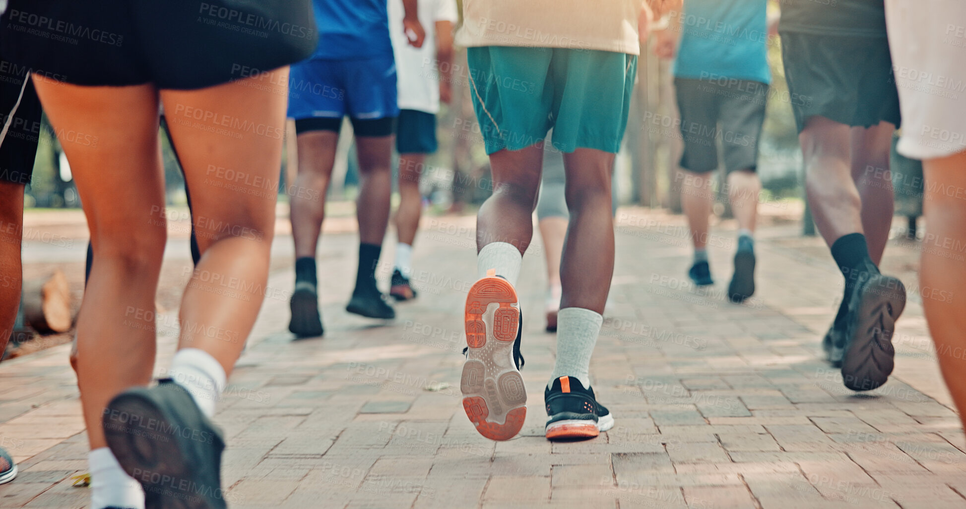 Buy stock photo Running, marathon and shoes of people in park for workout, race challenge and fitness. Training, speed competition and exercise with closeup of runners feet on ground for performance and sports