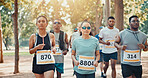 Running, marathon and health with people in park for charity event, race challenge and fitness. Training, fundraising competition and exercise with runners in nature for performance and sports