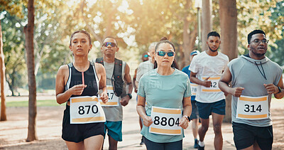 Buy stock photo Running, marathon and health with people in park for charity event, race challenge and fitness. Speed, fundraising competition and exercise with runners in nature for performance, group and sports