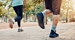 Legs, couple and running for fitness outdoor for exercise, cardio workout and endurance performance. People, feet and runner for sports training, marathon practice and race with challenge of wellness