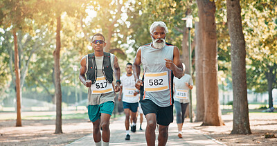 Buy stock photo Running, marathon and training with people in park for charity event, health challenge and fitness. Race, fundraising competition and exercise with group of runners in nature for workout and sports