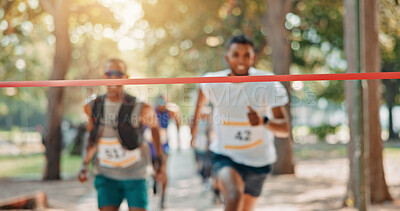 Buy stock photo Running, marathon or people with finish line in park for charity event, health challenge or fitness. Speed, fundraising competition or fast runners in nature for outdoor workout, exercise or sports