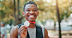 Portrait, athlete and man with gold medal, outdoor and smile for win of competition and confident. Sports, runner and person with prize for race, champion and winner with award for marathon or happy
