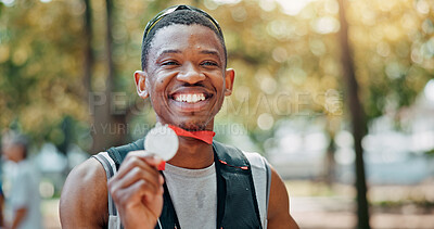 Buy stock photo Portrait, athlete and man with gold medal, outdoor and smile for win of competition and confident. Sports, runner and person with prize for race, champion and winner with award for marathon or happy