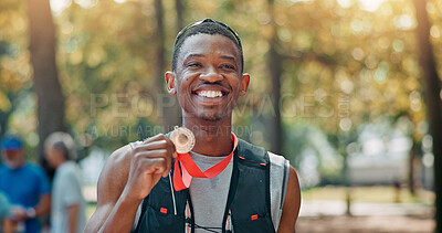 Buy stock photo Portrait, athlete and man with medal, marathon and smile for win of competition, fitness and confident. Outdoor, runner and person with prize for race, champion and happy winner with award for sports