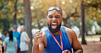 Portrait, runner and man with medal, success and excited for win in nature, marathon and confident. Outdoor, athlete and person with happiness for prize, champion and achievement for race or sports
