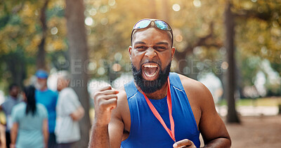 Buy stock photo Portrait, runner and man with success and excited for win in nature, marathon and confident. Outdoor, athlete and person with happiness for prize, champion and achievement for race or sports