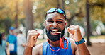 Portrait, athlete and man with medal, excited and smile for win of competition, fitness and confident. Outdoor, runner and person with prize for race, champion and happy winner with award for sports