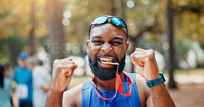 Buy stock photo Portrait, athlete and man with medal, excited and smile for win of competition, fitness and confident. Outdoor, runner and person with prize for race, champion and happy winner with award for sports