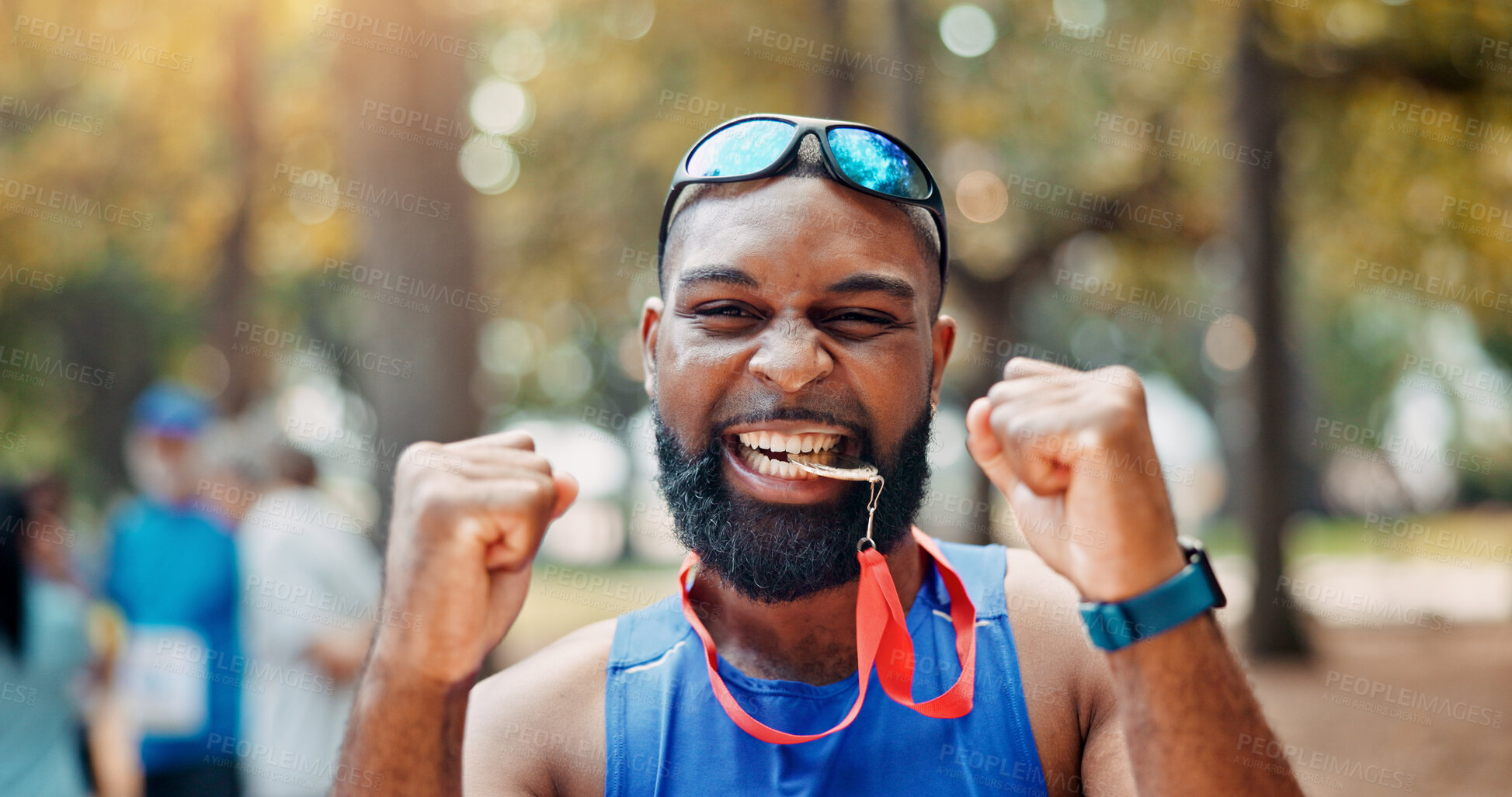 Buy stock photo Portrait, athlete and man with medal, excited and smile for win of competition, fitness and confident. Outdoor, runner and person with prize for race, champion and happy winner with award for sports