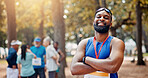 Portrait, athlete and man with arms crossed, sports and smile for win of competition and confident. Outdoor, runner and person with medal for race, champion and happy for marathon in nature or winner