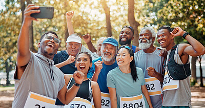 Buy stock photo Running, celebrate and selfie of friends in park for social media, memory and online post for fitness. Runner, winners and happy men and women take profile picture for exercise, workout and marathon