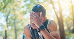 Tired, breath and black man with fitness, training and sweating with break, exhausted or workout. African person, runner or athlete with exercise, fatigue or practice for marathon, relax or challenge