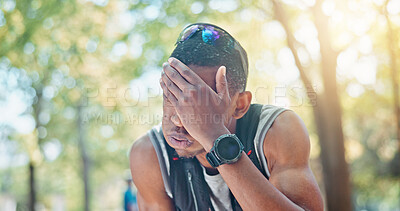 Buy stock photo Tired, breath and black man with fitness, training and sweating with break, exhausted or workout. African person, runner or athlete with exercise, fatigue or practice for marathon, relax or challenge