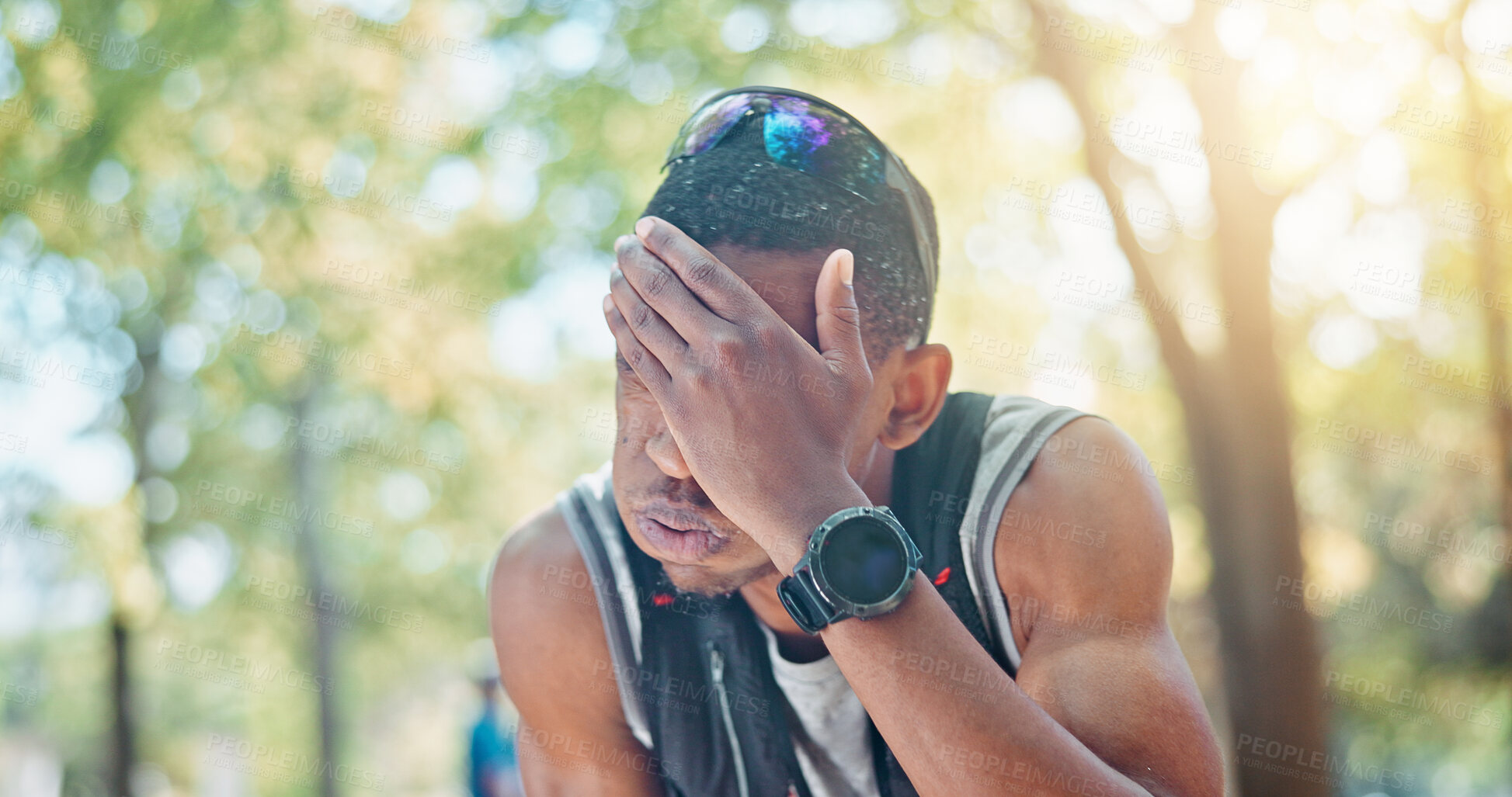 Buy stock photo Tired, breath and black man with fitness, training and sweating with break, exhausted or workout. African person, runner or athlete with exercise, fatigue or practice for marathon, relax or challenge