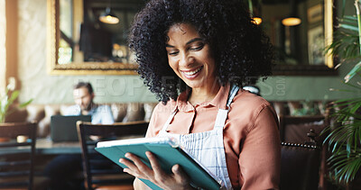 Buy stock photo Waitress, woman and happy with tablet in cafe for inventory management, price checklist or online order. Hospitality industry, startup manager or digital app in restaurant for reading website reviews