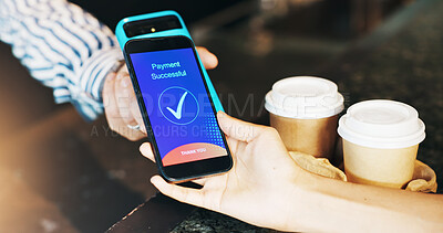 Buy stock photo Coffee shop, phone screen and hands with success for payment, purchase or transaction. Restaurant, cafe counter and waiter with customer at pos with tick on bank app for drink, beverage or takeaway