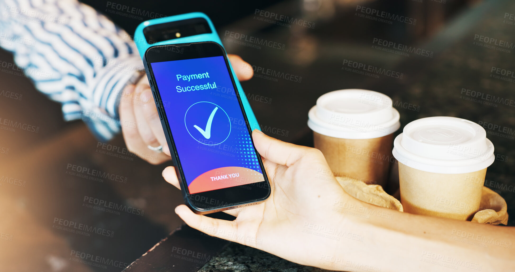Buy stock photo Coffee shop, phone screen and hands with success for payment, purchase or transaction. Restaurant, cafe counter and waiter with customer at pos with tick on bank app for drink, beverage or takeaway