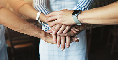 Buy stock photo Hands, stack and teamwork for group at cafe with support, motivation or start morning with catering service. People, circle and together with solidarity, hospitality or synergy for job at coffee shop