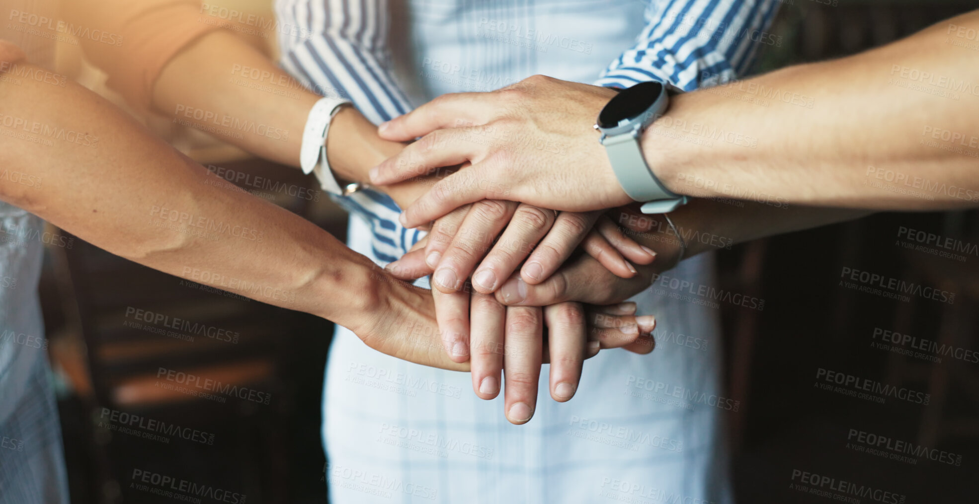 Buy stock photo Hands, stack and teamwork for group at cafe with support, motivation or start morning with catering service. People, circle and together with solidarity, hospitality or synergy for job at coffee shop